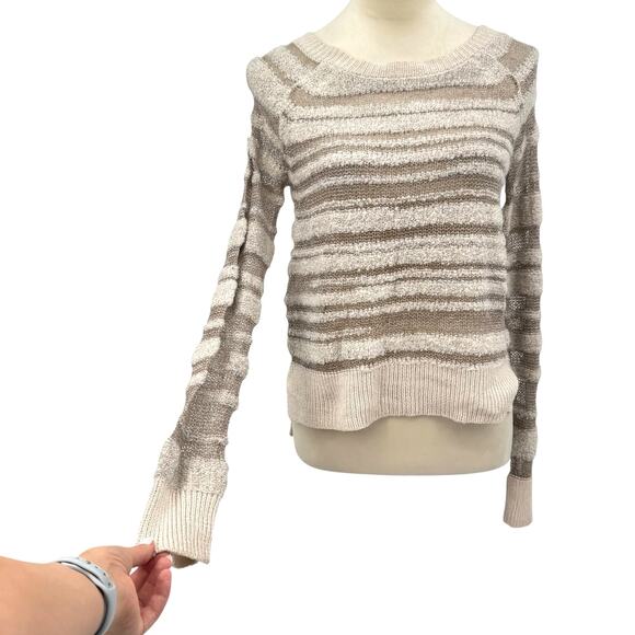 BCBGeneration NWT Risa Wool Blend Neutral Tan Open Knit Boucle Stripe Sweater - Picture 5 of 13